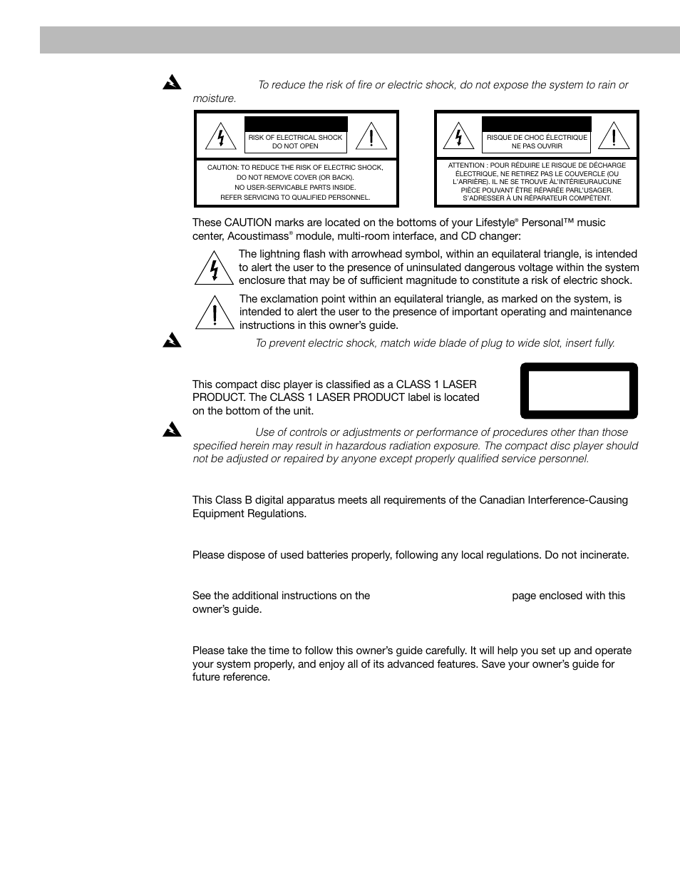 Safety information, Class 1 laser product, Class b emissions limits | Batteries, Additional safety information, Please read this owner’s guide | Bose 40 User Manual | Page 2 / 48