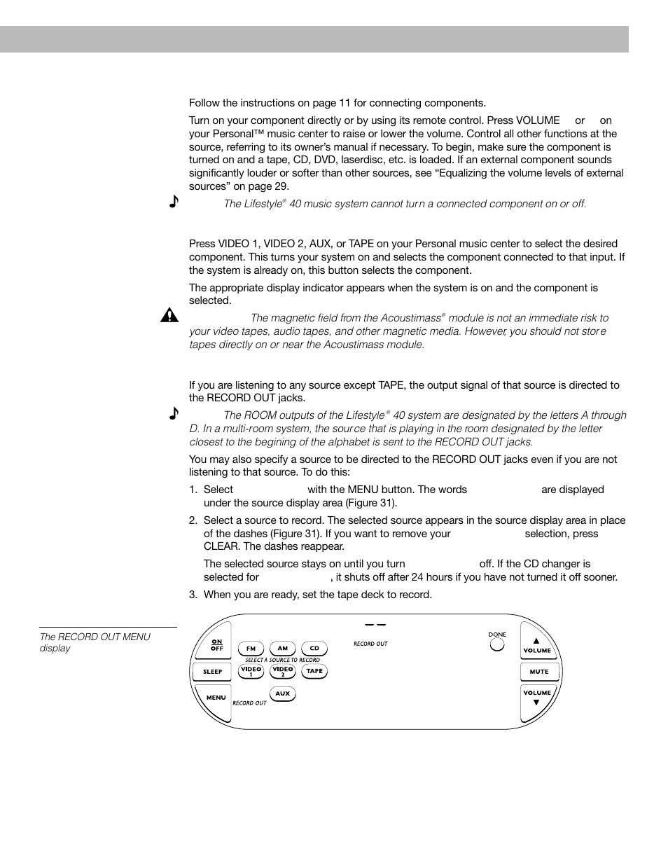 Using the system with external components, English, Turning the system on and selecting the component | Using a tape recorder with your system, Operating your lifestyle, 40 music system | Bose 40 User Manual | Page 29 / 48