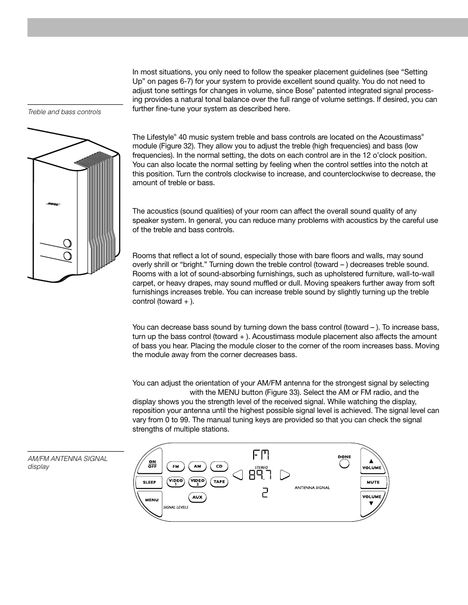 Fine-tuning your system, Operating your lifestyle, 40 music system | Adjusting speaker controls, Compensating for room acoustics, Optimizing am/fm radio reception | Bose 40 User Manual | Page 30 / 48