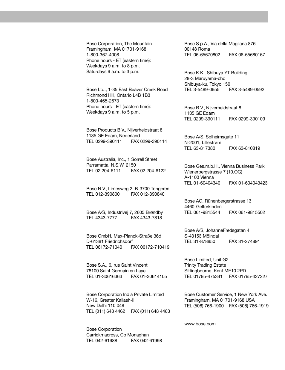Canada, European office, Australia | Belgique/belgië, Danmark, Deutschland, France, India, Ireland, Italia | Bose 40 User Manual | Page 47 / 48