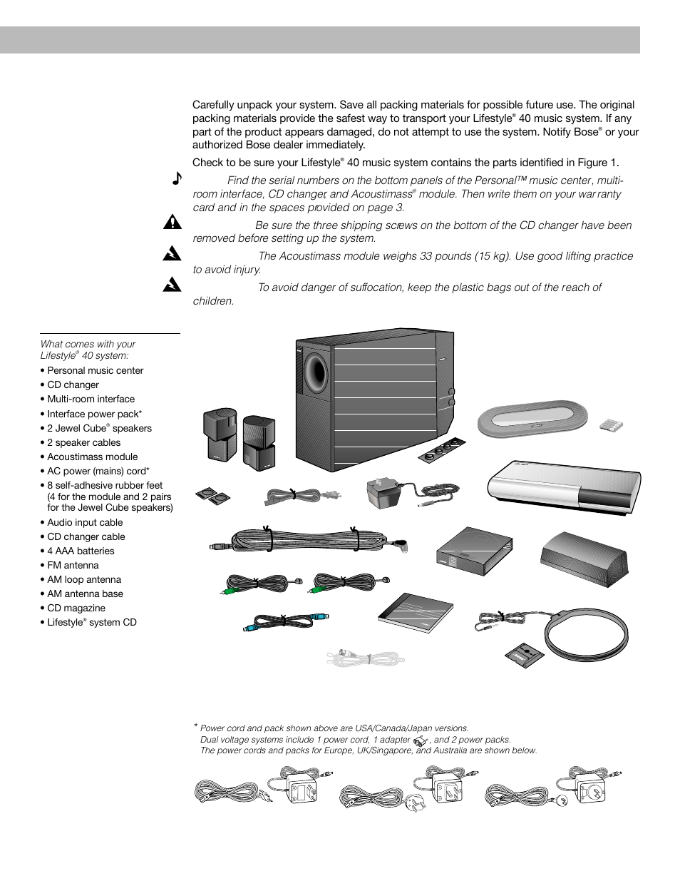 Unpacking the carton, Setting up | Bose 40 User Manual | Page 7 / 48