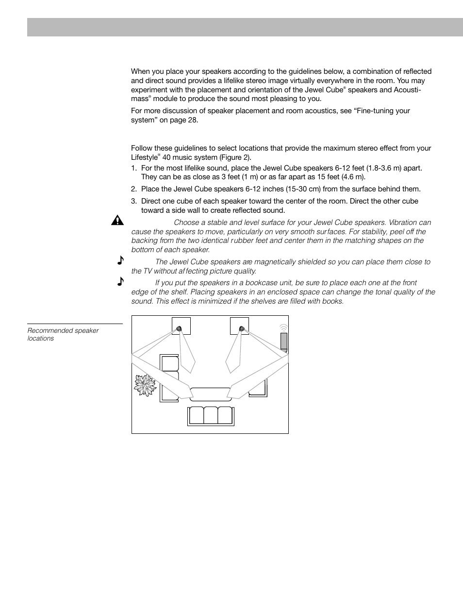 Selecting the locations for your lifestyle, 40 music system, Setting up | Jewel cube speakers | Bose 40 User Manual | Page 8 / 48