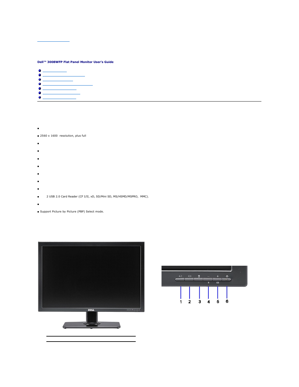 About your monitor, Product features, Identifying parts and features front view | Dell 3008WFP Monitor User Manual | Page 2 / 37