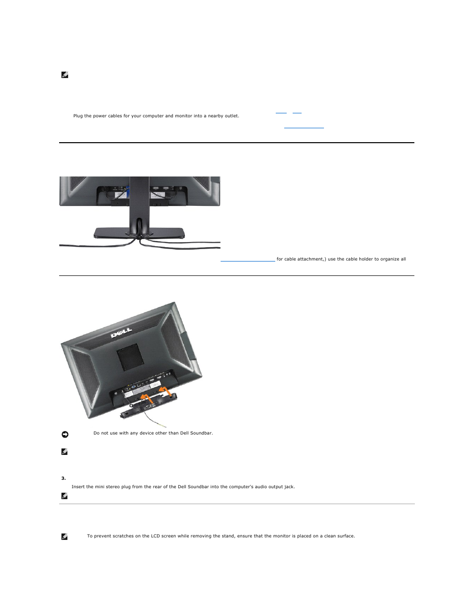 Organizing your cables, Attaching the soundbar (optional), Removing the stand | Attaching the soundbar | Dell 3008WFP Monitor User Manual | Page 31 / 37