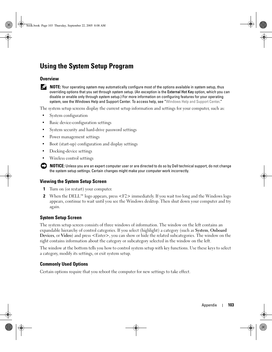Using the system setup program, Overview, Viewing the system setup screen | System setup screen, Commonly used options, Te options in the system setup program. see, Using, The system setup program, It the program. see, If the | Dell Inspiron B120 User Manual | Page 103 / 142