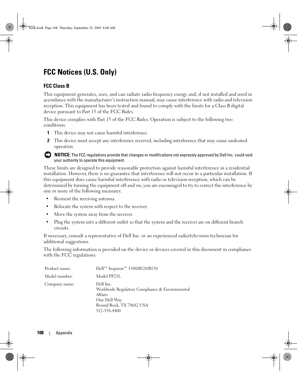 Fcc notices (u.s. only), Fcc class b | Dell Inspiron B120 User Manual | Page 108 / 142