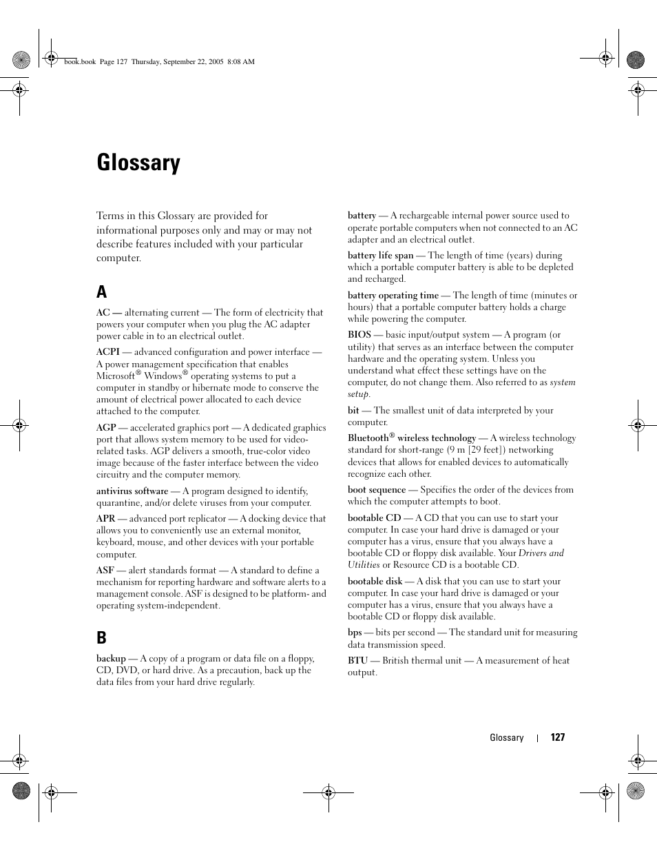 Glossary | Dell Inspiron B120 User Manual | Page 127 / 142