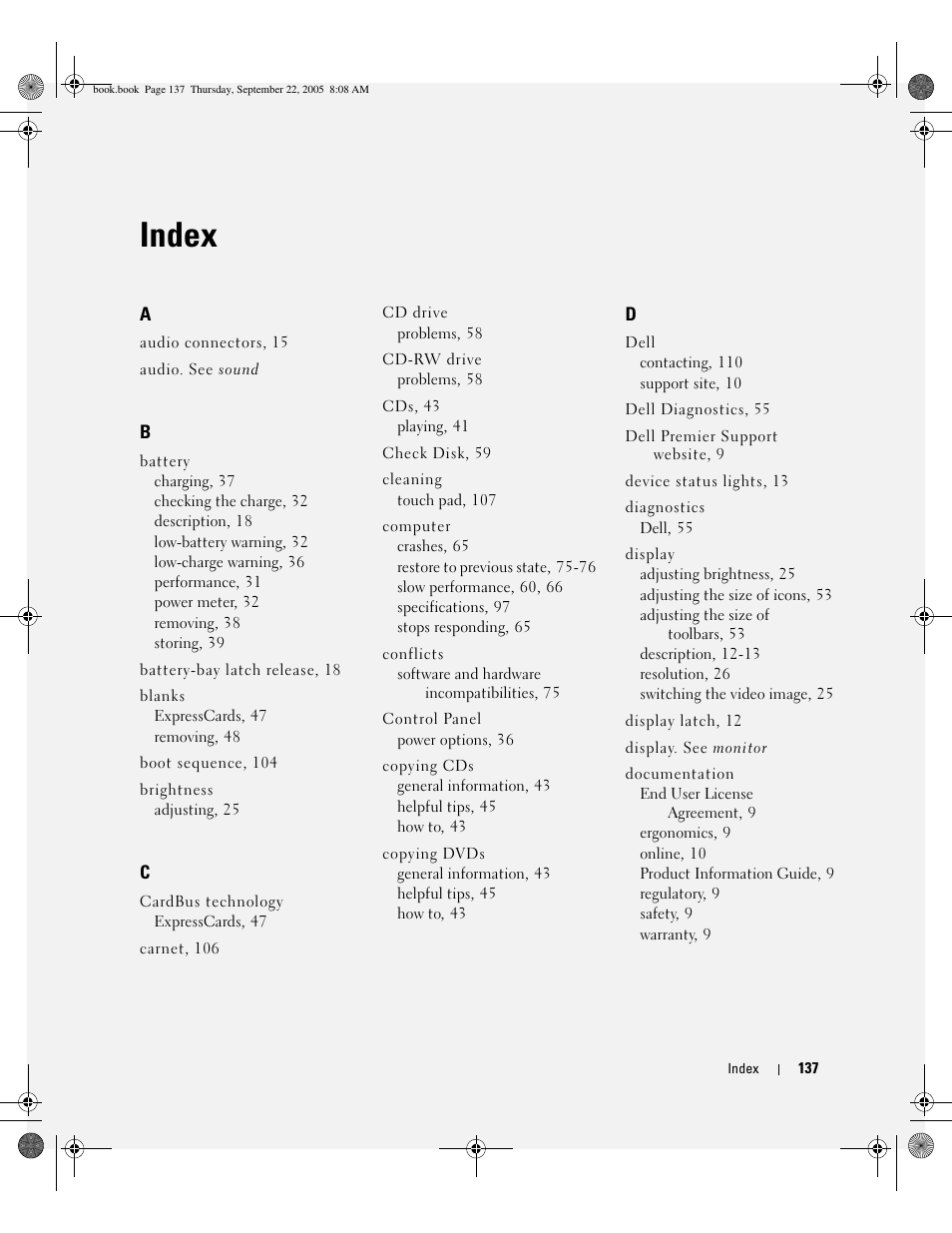 Index | Dell Inspiron B120 User Manual | Page 137 / 142