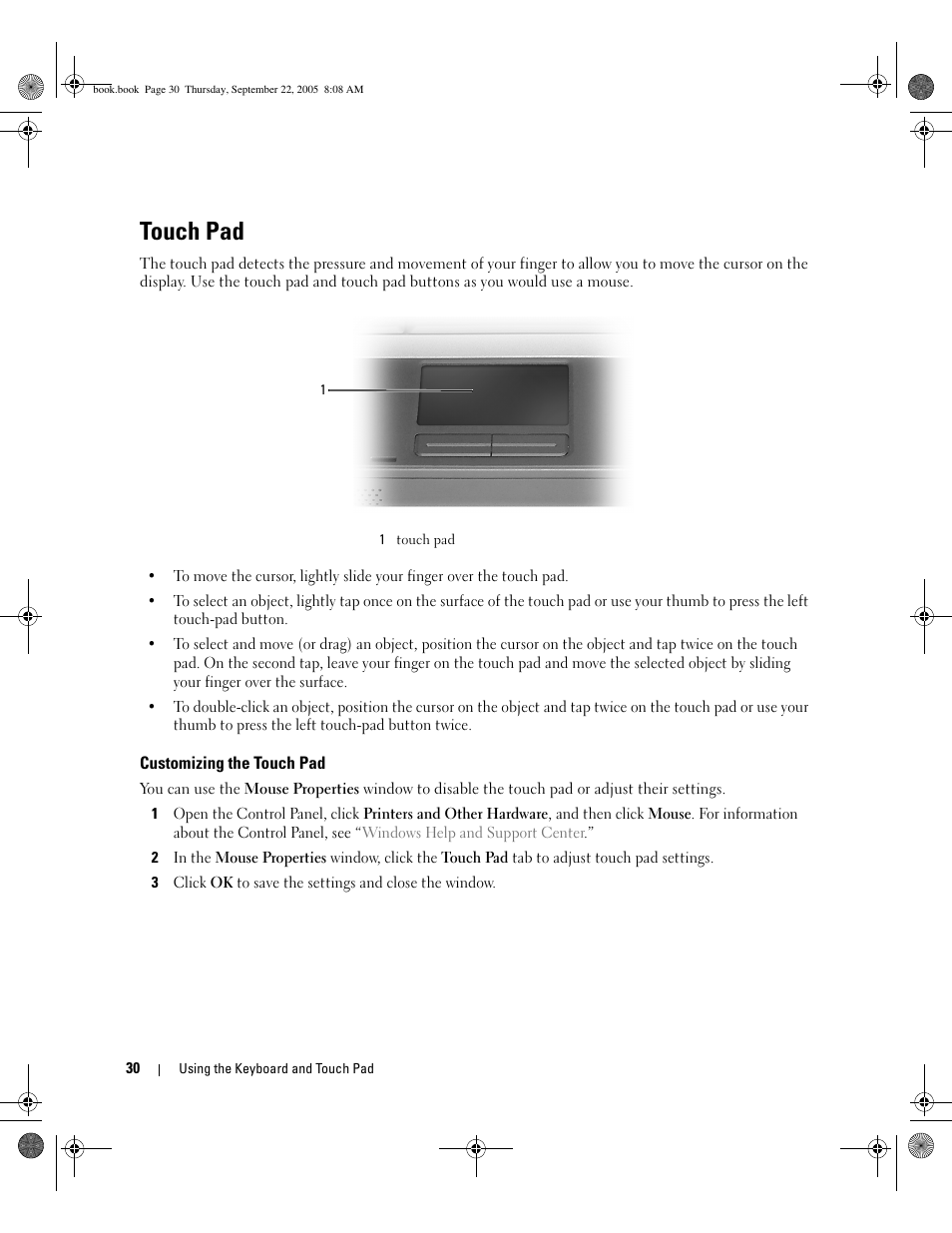 Touch pad, Customizing the touch pad | Dell Inspiron B120 User Manual | Page 30 / 142