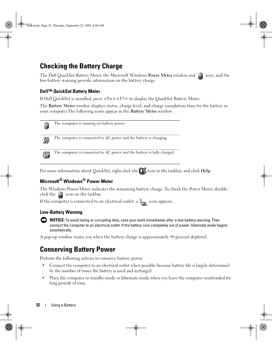 Checking the battery charge, Dell™ quickset battery meter, Microsoft® windows® power meter | Low-battery warning, Conserving battery power, Microsoft | Dell Inspiron B120 User Manual | Page 32 / 142