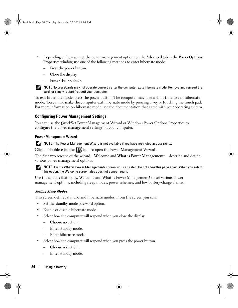 Configuring power management settings, Power management wizard | Dell Inspiron B120 User Manual | Page 34 / 142