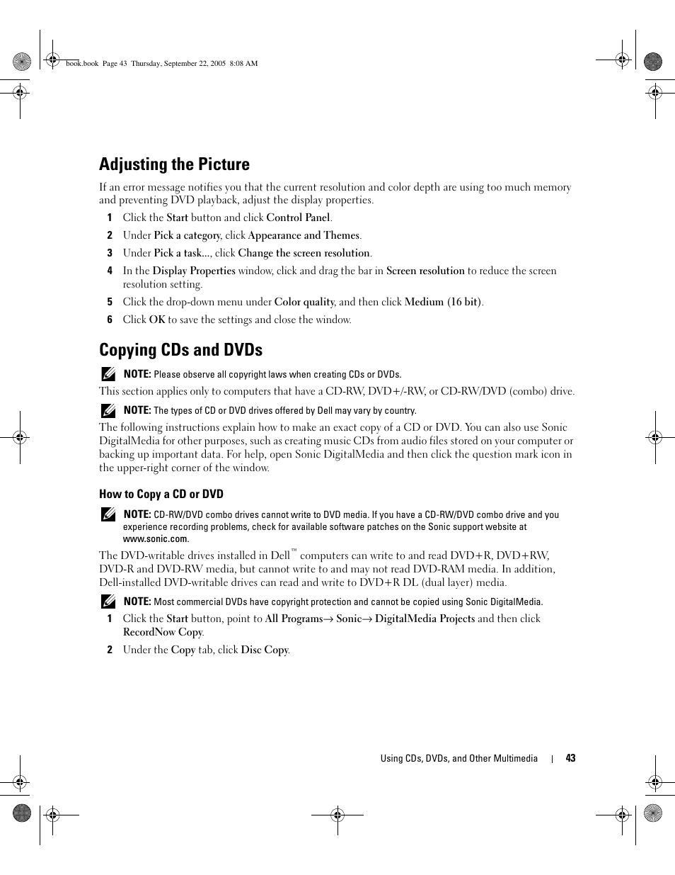 Adjusting the picture, Copying cds and dvds, How to copy a cd or dvd | Dell Inspiron B120 User Manual | Page 43 / 142