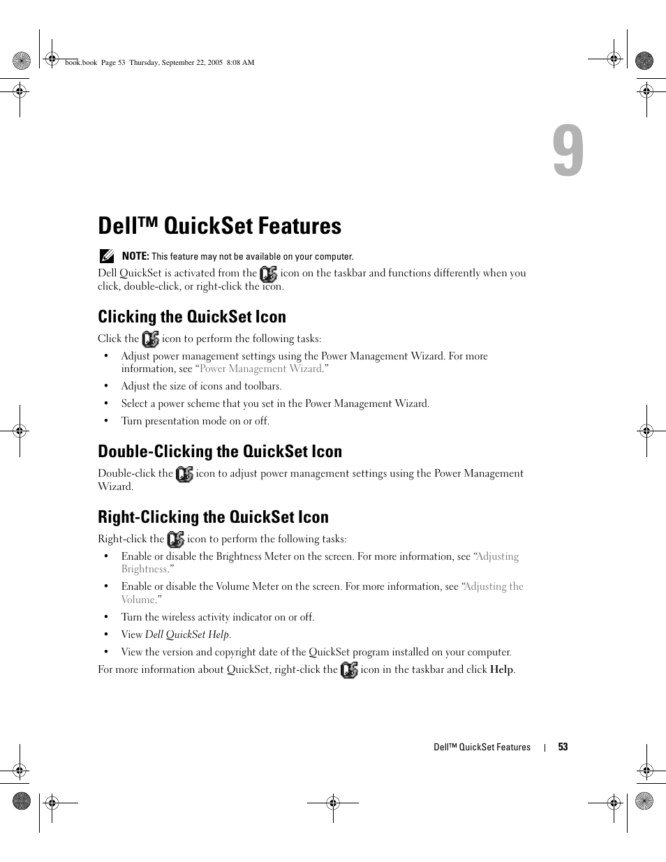 Dell™ quickset features, Clicking the quickset icon, Double-clicking the quickset icon | Right-clicking the quickset icon | Dell Inspiron B120 User Manual | Page 53 / 142