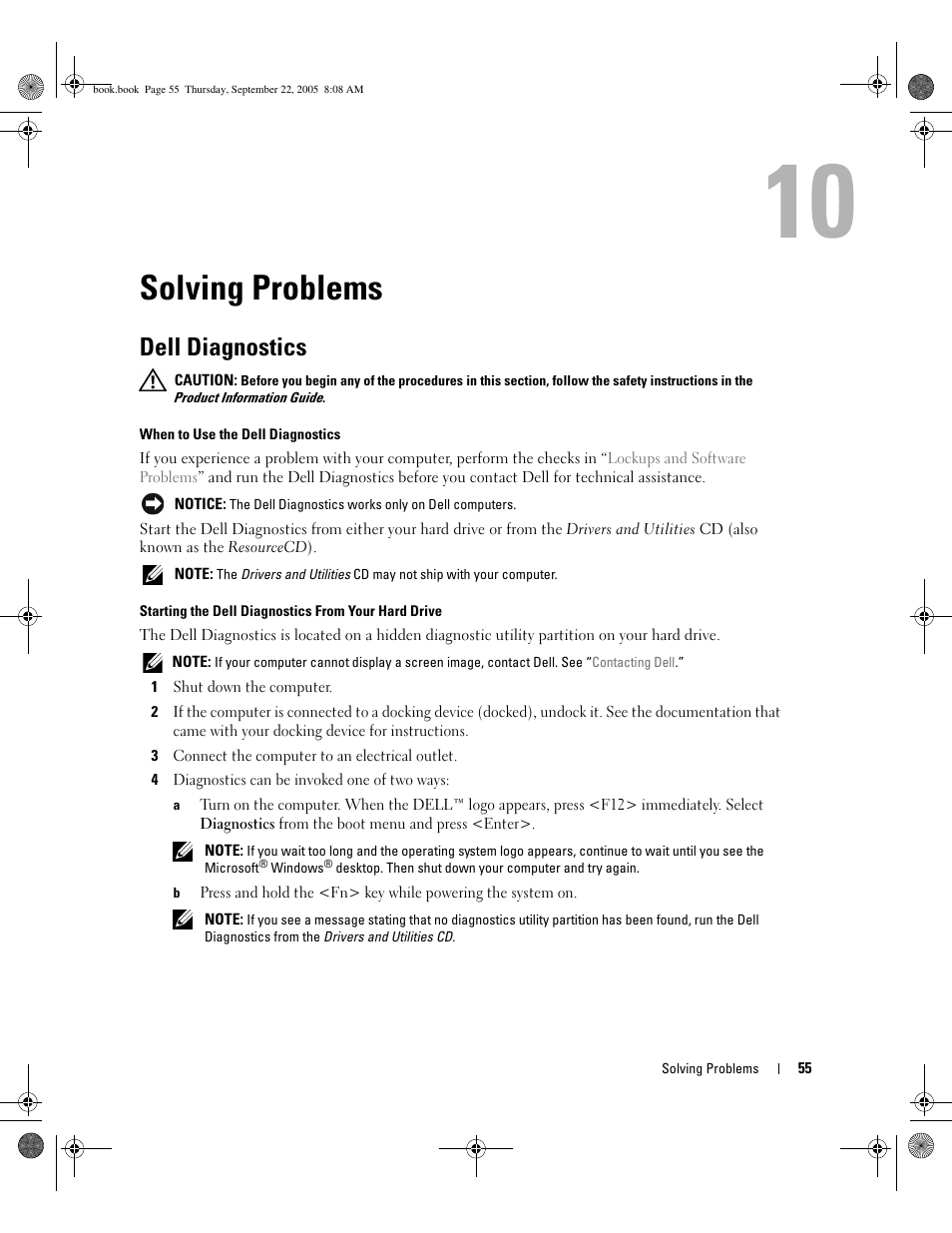Solving problems, Dell diagnostics, 10 solving problems | Dell Inspiron B120 User Manual | Page 55 / 142
