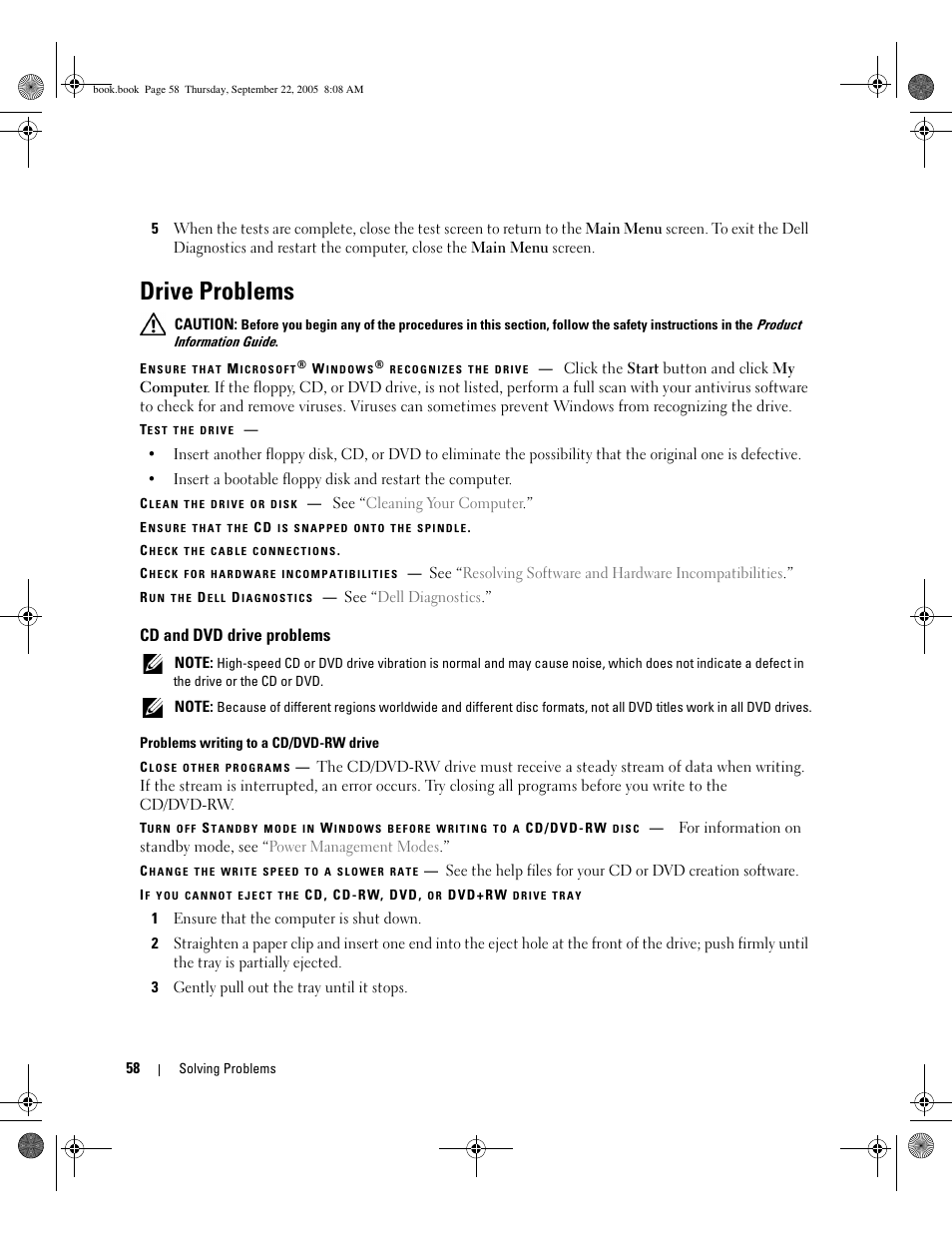 Drive problems, Cd and dvd drive problems | Dell Inspiron B120 User Manual | Page 58 / 142