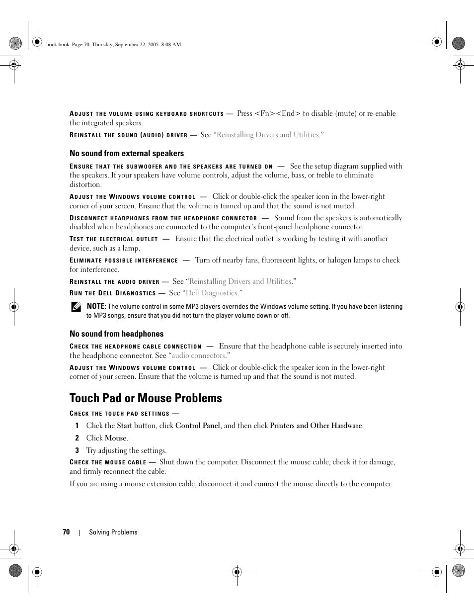 No sound from external speakers, No sound from headphones, Touch pad or mouse problems | Dell Inspiron B120 User Manual | Page 70 / 142