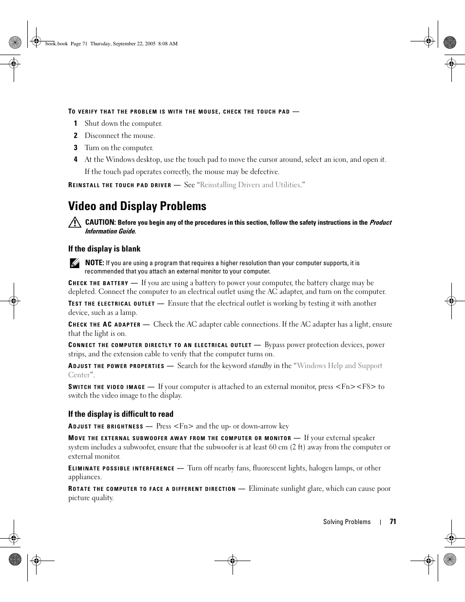 Video and display problems, If the display is blank, If the display is difficult to read | Dell Inspiron B120 User Manual | Page 71 / 142