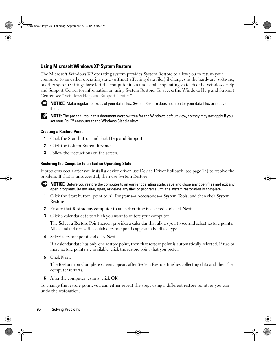 Using microsoft windows xp system restore, Using microsoft | Dell Inspiron B120 User Manual | Page 76 / 142
