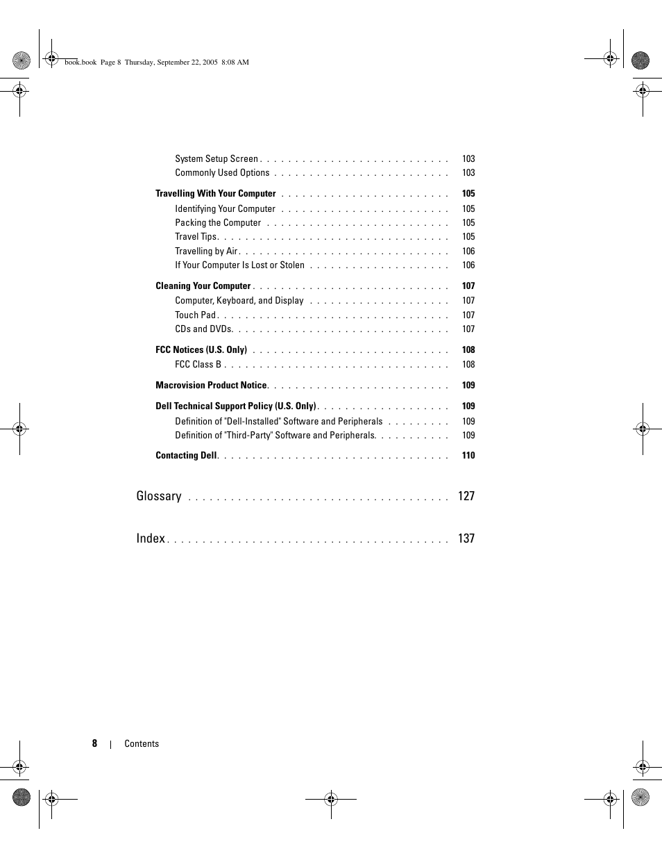 Glossary, 127 index | Dell Inspiron B120 User Manual | Page 8 / 142