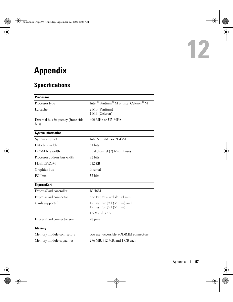 Appendix, Specifications, 12 appendix | Ds, see | Dell Inspiron B120 User Manual | Page 97 / 142