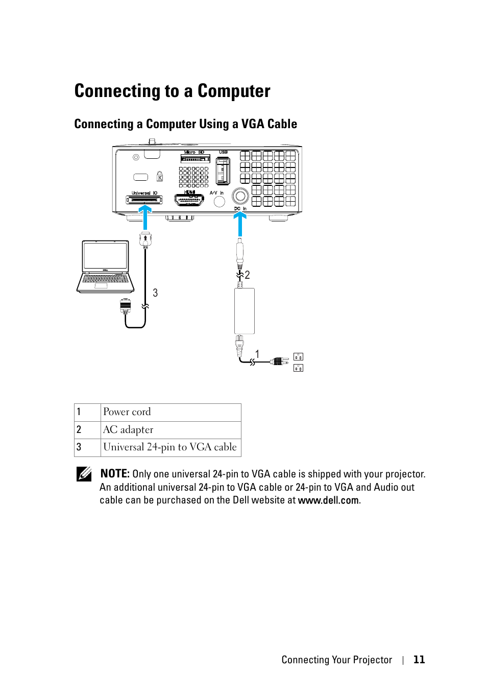 Connecting to a computer, Connecting a computer using a vga cable | Dell M110 Projector User Manual | Page 11 / 67