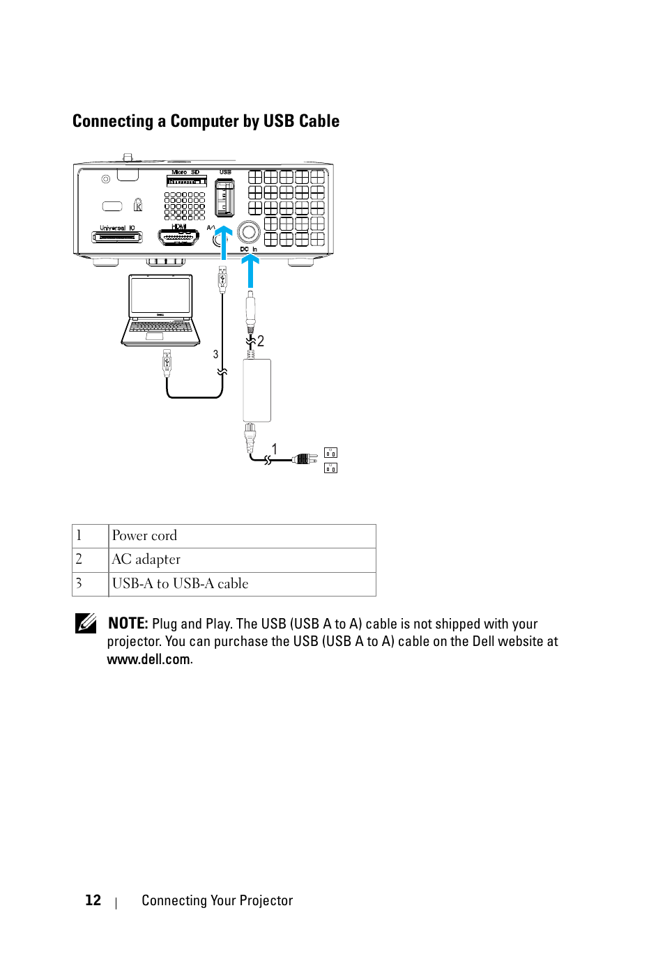 Connecting a computer by usb cable | Dell M110 Projector User Manual | Page 12 / 67