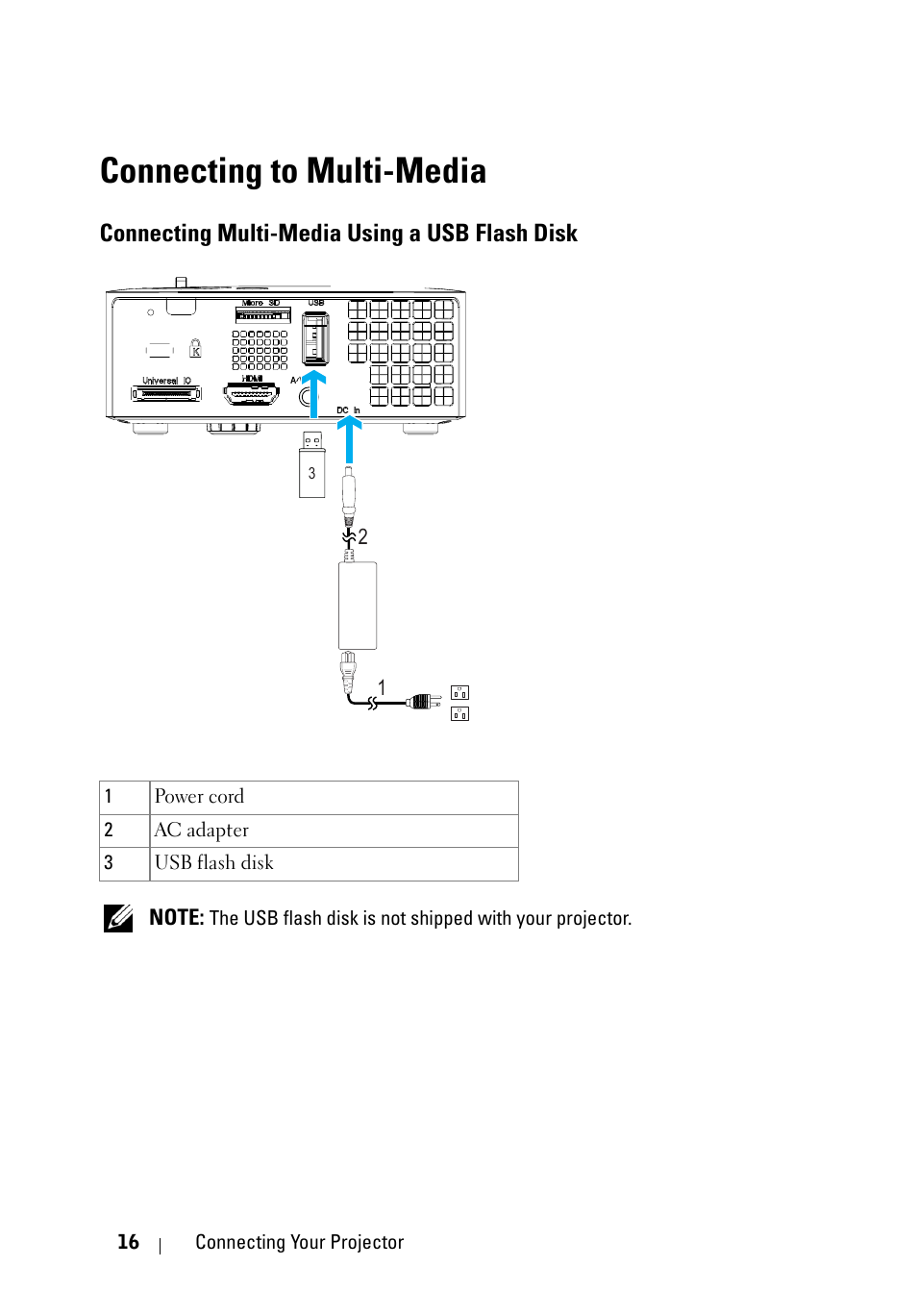 Connecting to multi-media, Connecting multi-media using a usb flash disk | Dell M110 Projector User Manual | Page 16 / 67