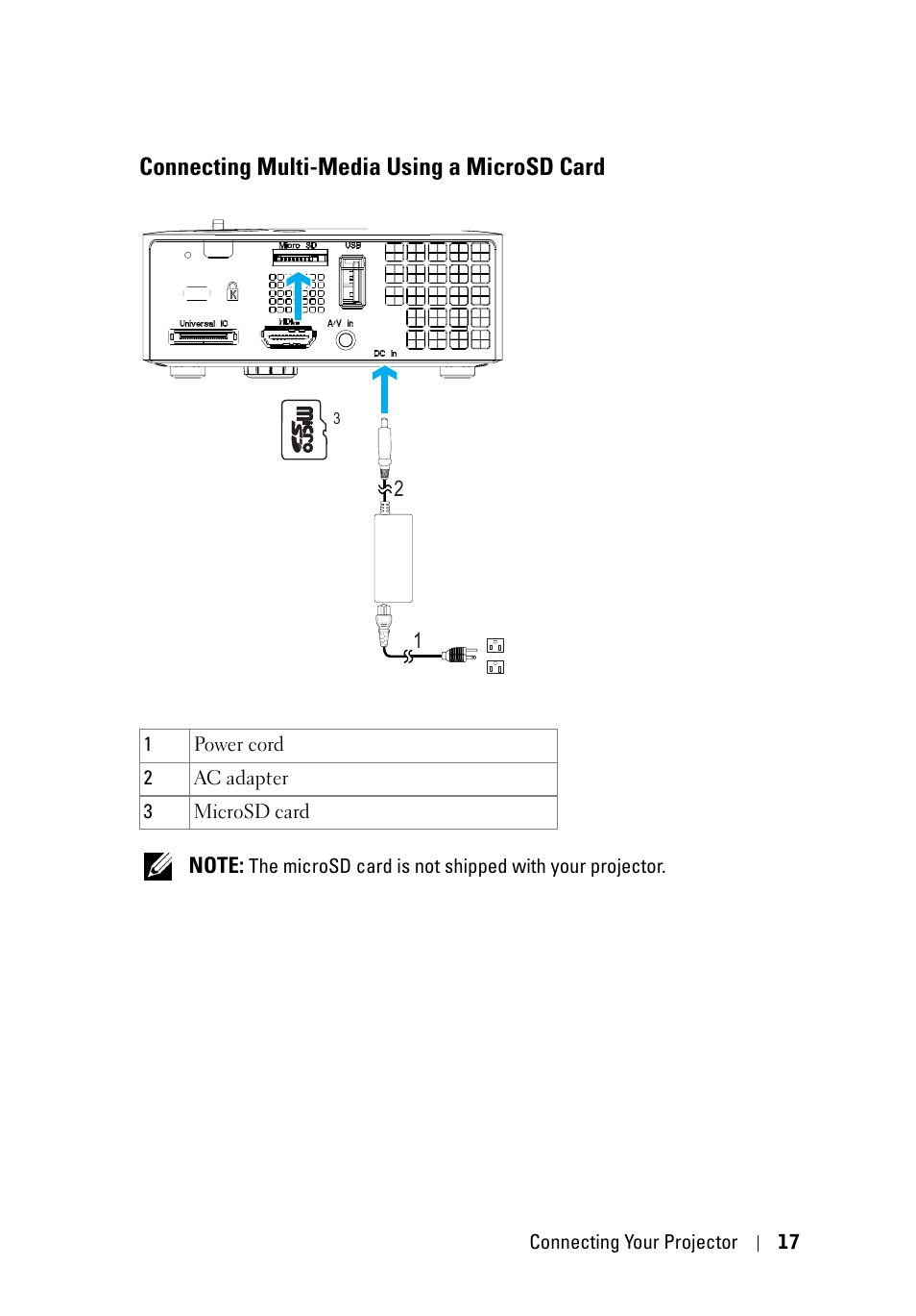 Connecting multi-media using a microsd card | Dell M110 Projector User Manual | Page 17 / 67