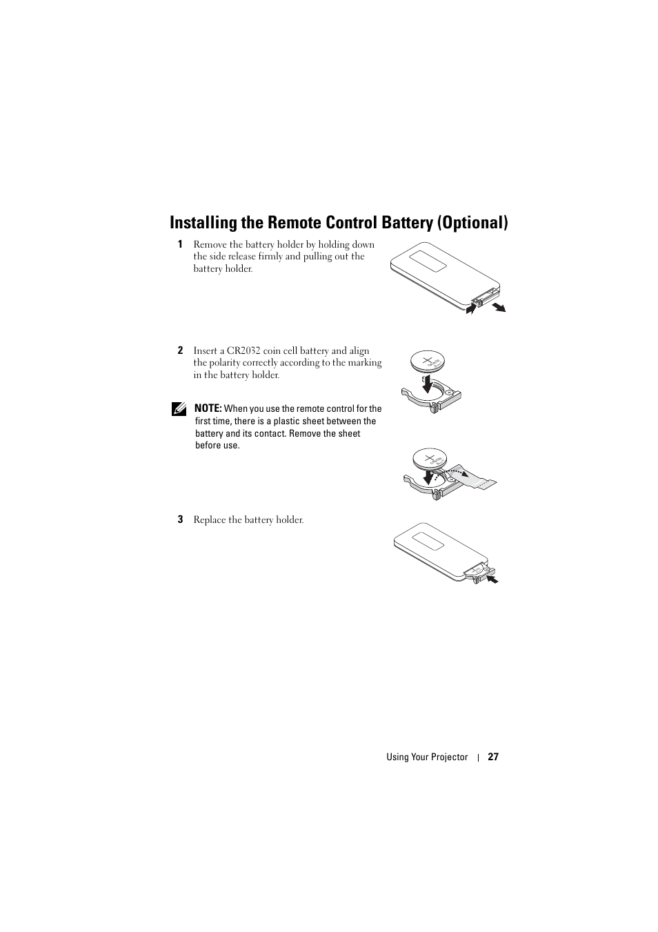 Installing the remote control battery (optional), Using your projector 27 | Dell M110 Projector User Manual | Page 27 / 67