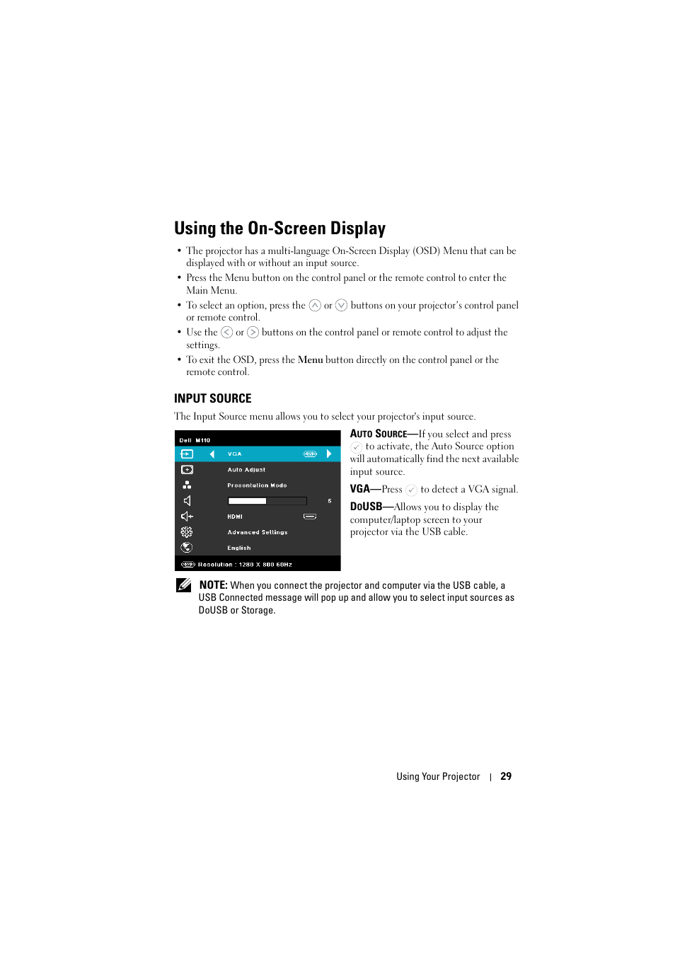 Using the on-screen display, Input source | Dell M110 Projector User Manual | Page 29 / 67