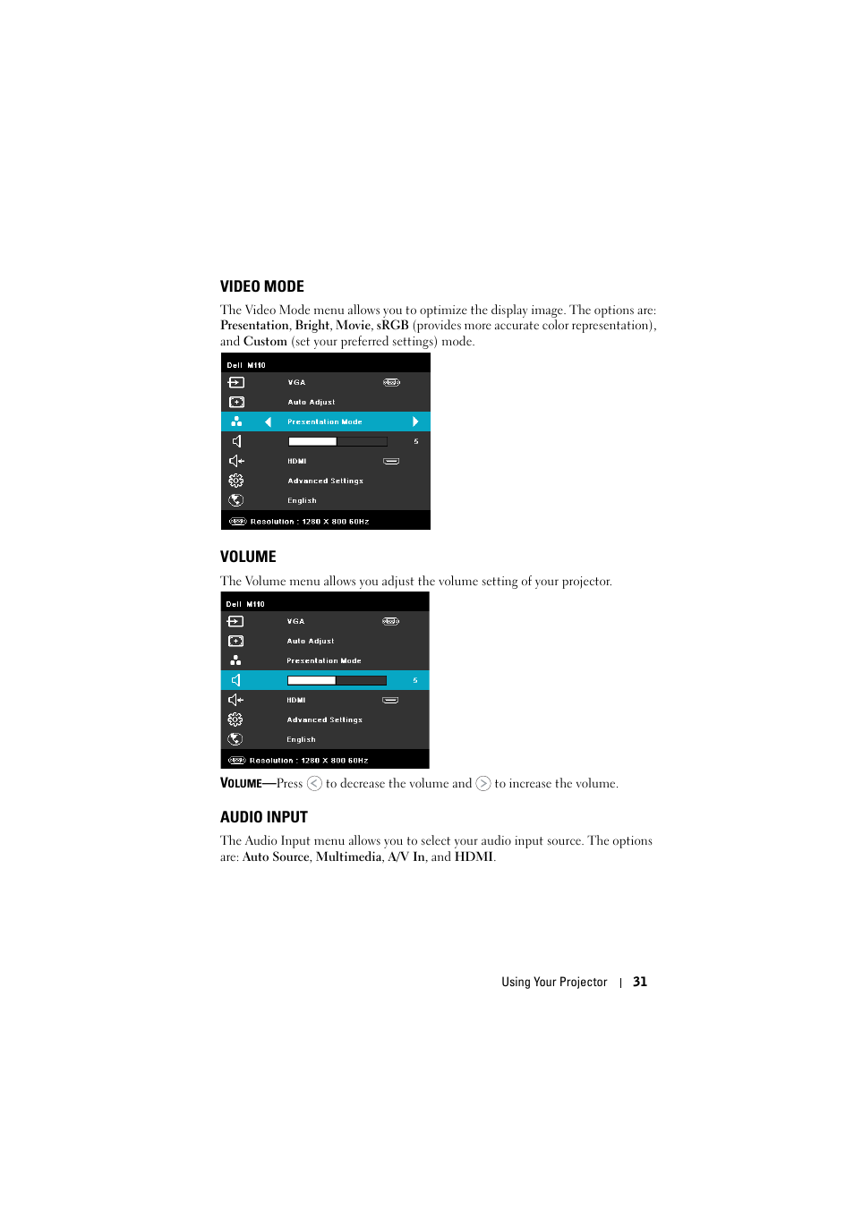 Video mode, Volume, Audio input | Dell M110 Projector User Manual | Page 31 / 67