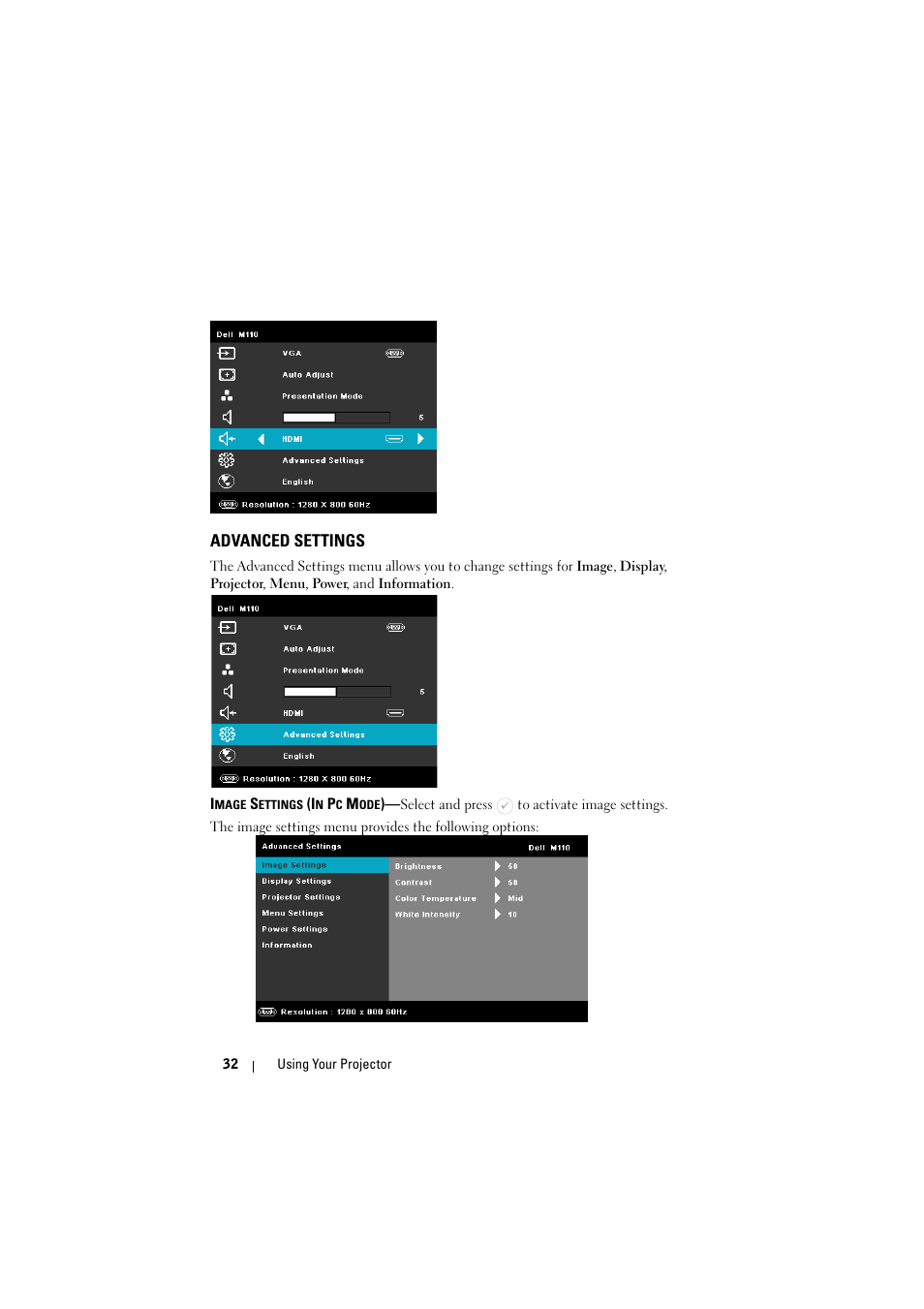 Advanced settings | Dell M110 Projector User Manual | Page 32 / 67