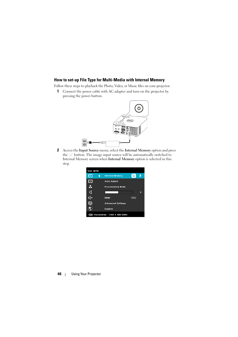 How to set-up file type for multi-media with, Internal memory | Dell M110 Projector User Manual | Page 48 / 67