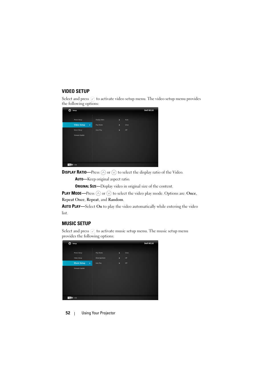 Video setup, Music setup | Dell M110 Projector User Manual | Page 52 / 67