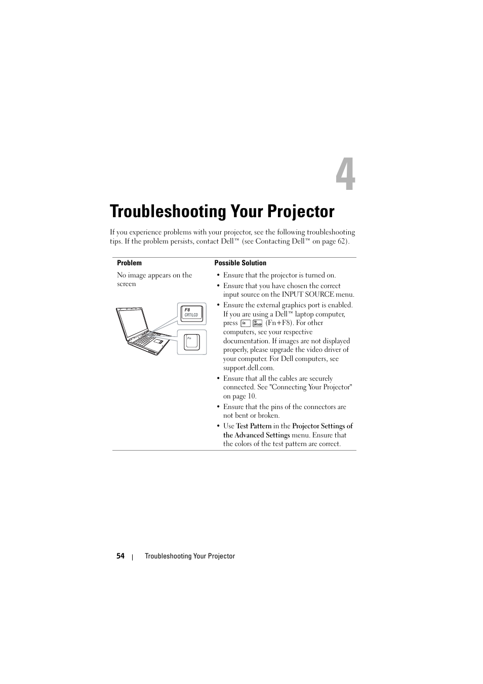 Troubleshooting your projector, See "troubleshooting your | Dell M110 Projector User Manual | Page 54 / 67