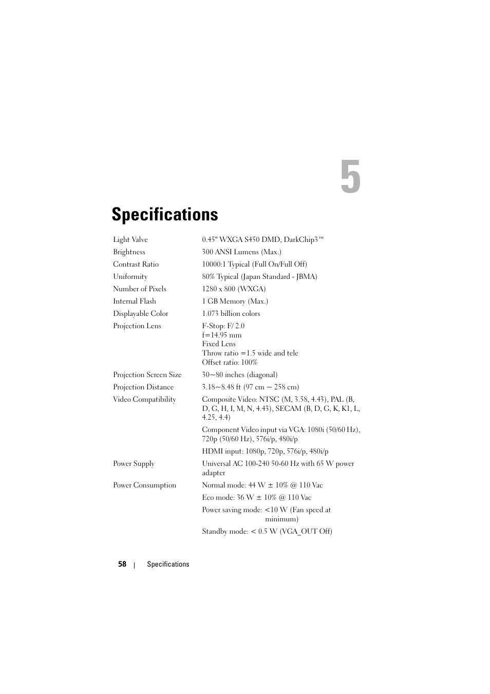 Specifications | Dell M110 Projector User Manual | Page 58 / 67