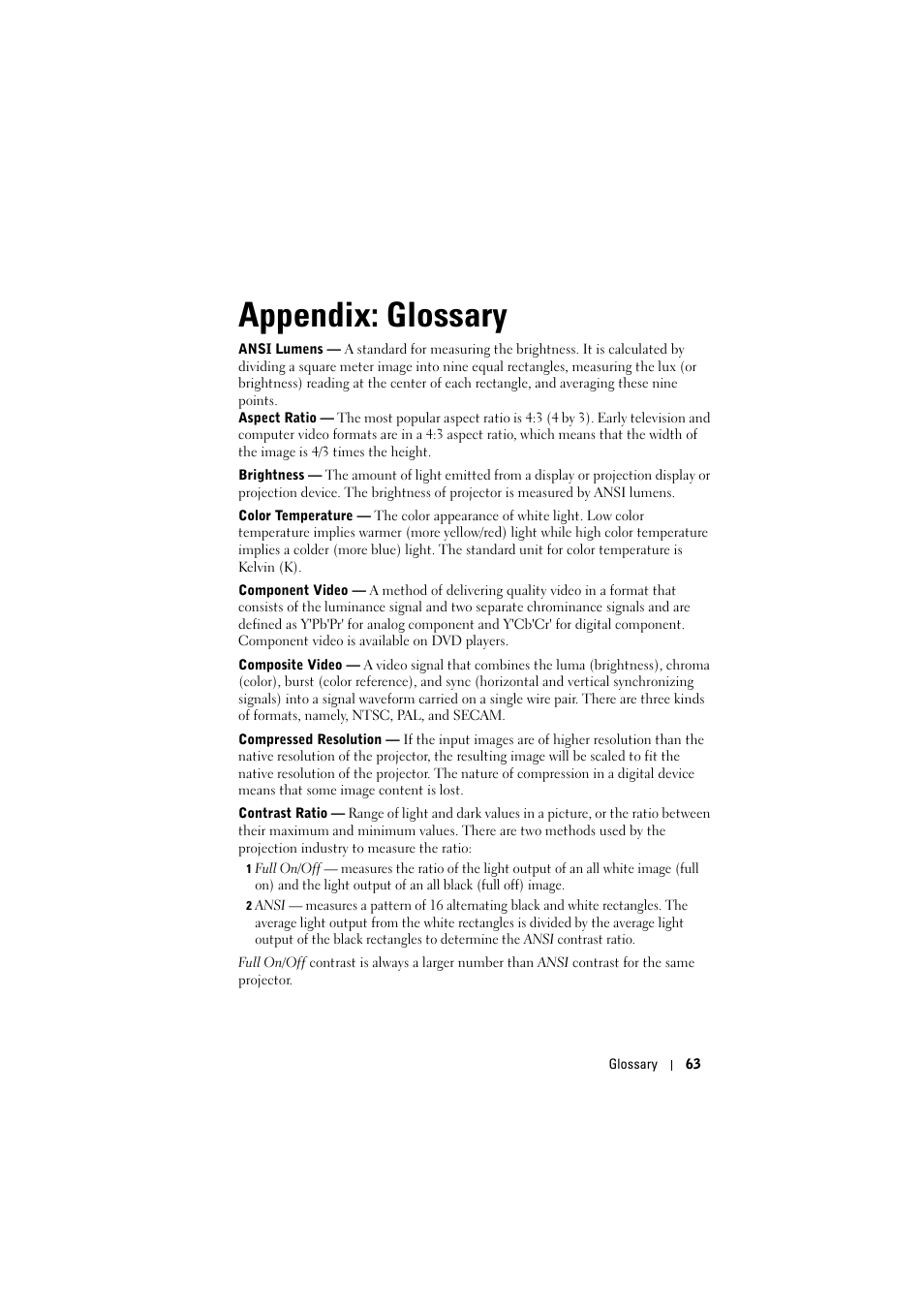 Appendix: glossary | Dell M110 Projector User Manual | Page 63 / 67