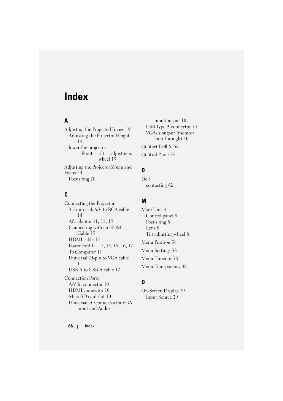 Index | Dell M110 Projector User Manual | Page 66 / 67