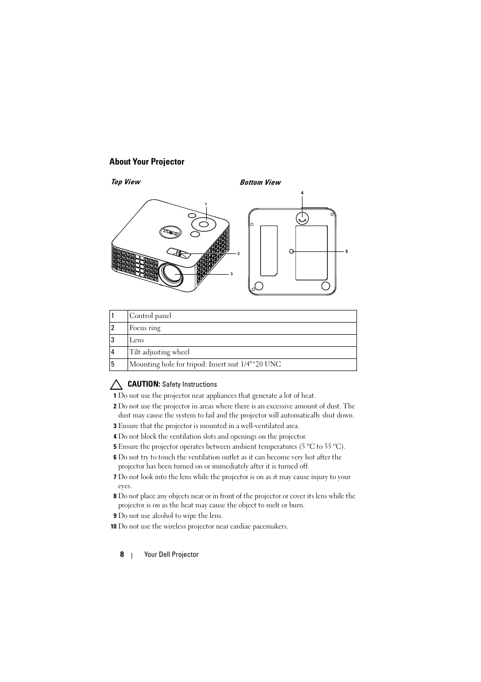 About your projector, Top view | Dell M110 Projector User Manual | Page 8 / 67