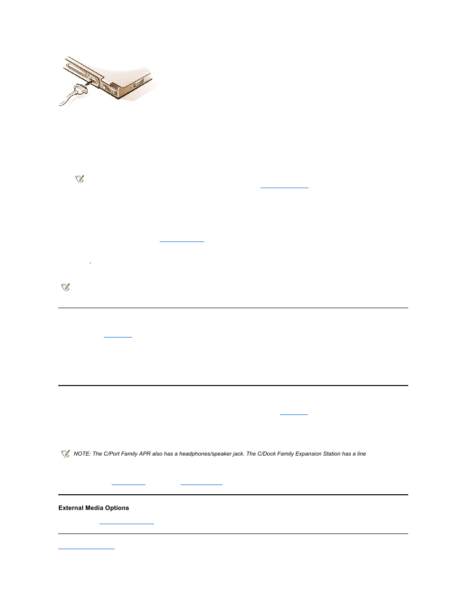 Ac adapter, Audio devices, External media options | Ac adapter connector, External media bay connector, Microphone (mic in) jack | Dell Latitude CSx H User Manual | Page 42 / 105