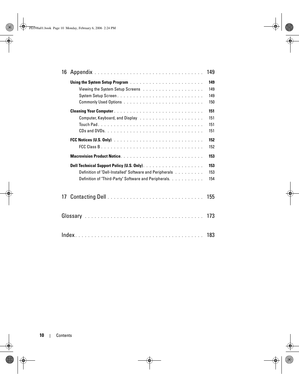 16 appendix, 17 contacting dell, 155 glossary | 173 index | Dell Inspiron 9400 User Manual | Page 10 / 188