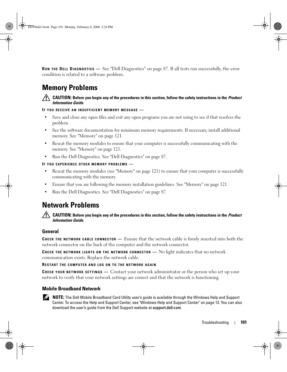 Memory problems, Network problems, General | Mobile broadband network | Dell Inspiron 9400 User Manual | Page 101 / 188