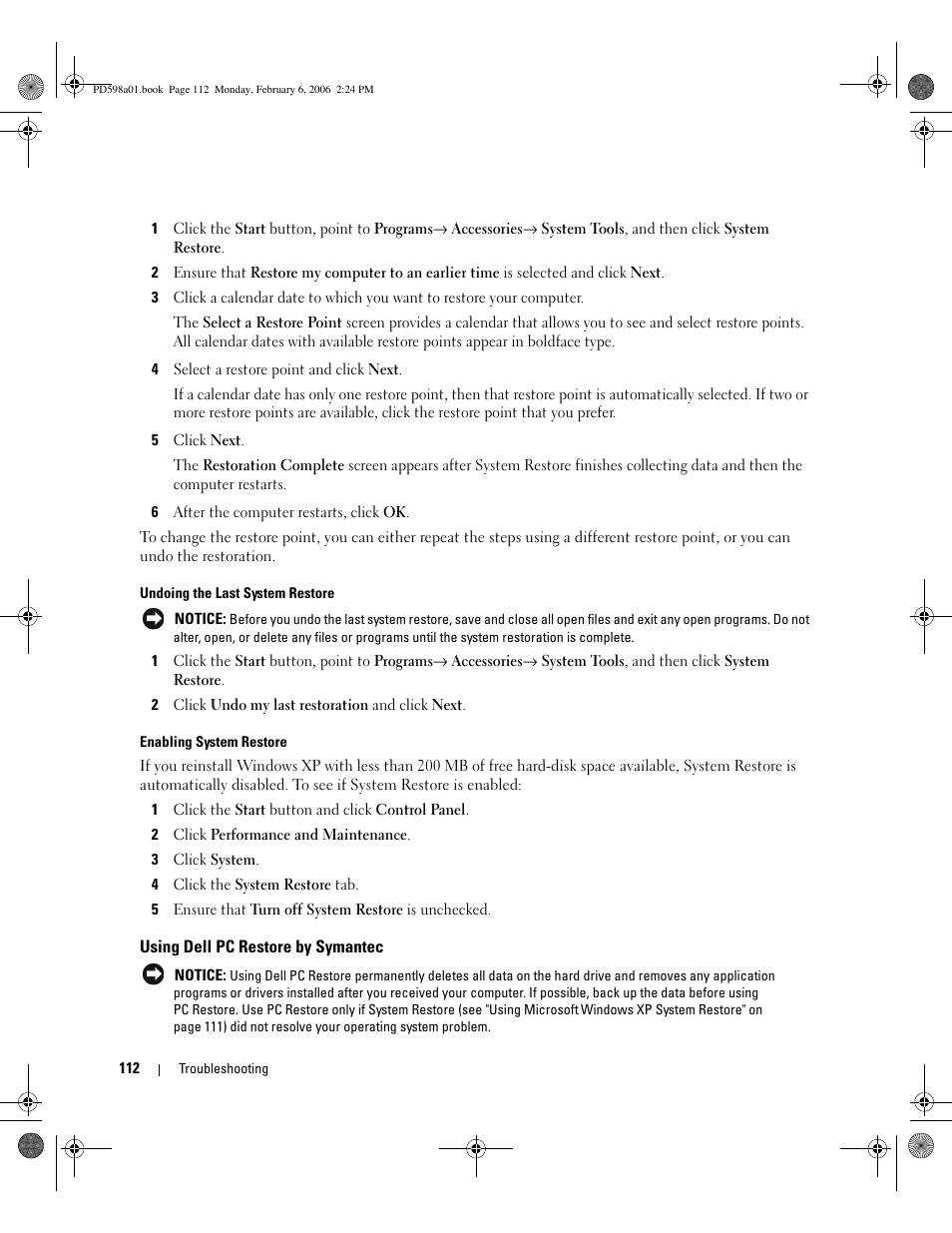 Using dell pc restore by symantec | Dell Inspiron 9400 User Manual | Page 112 / 188