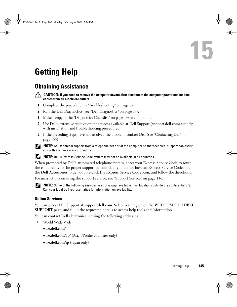 Getting help, Obtaining assistance, Online services | Dell Inspiron 9400 User Manual | Page 145 / 188