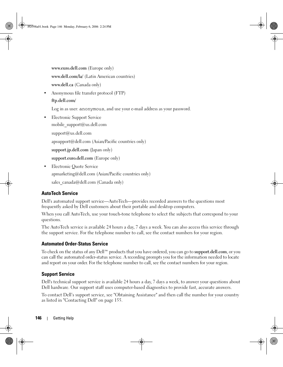 Autotech service, Automated order-status service, Support service | Dell Inspiron 9400 User Manual | Page 146 / 188