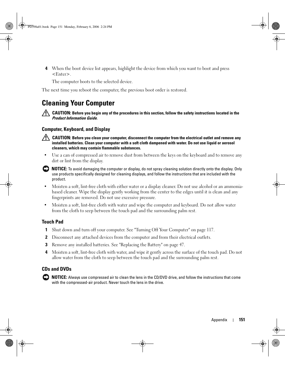Cleaning your computer, Computer, keyboard, and display, Touch pad | Cds and dvds | Dell Inspiron 9400 User Manual | Page 151 / 188