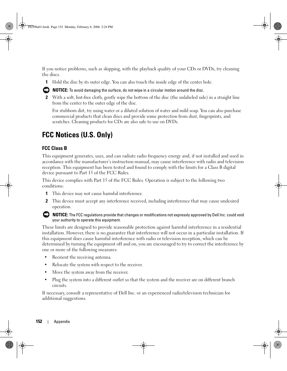 Fcc notices (u.s. only), Fcc class b | Dell Inspiron 9400 User Manual | Page 152 / 188