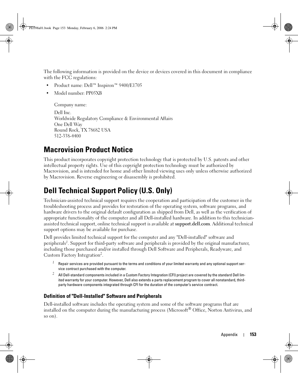 Macrovision product notice, Dell technical support policy (u.s. only) | Dell Inspiron 9400 User Manual | Page 153 / 188