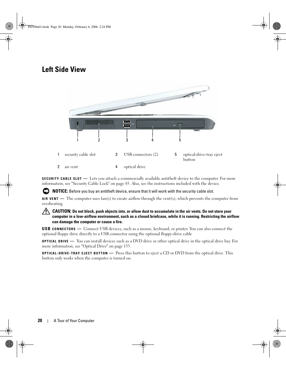 Left side view | Dell Inspiron 9400 User Manual | Page 20 / 188