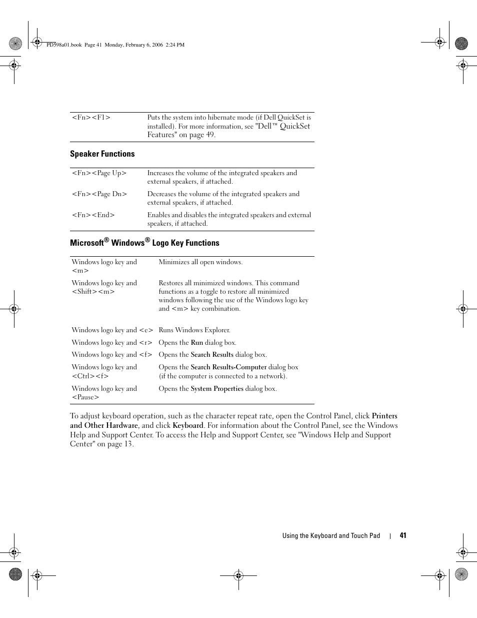 Speaker functions, Microsoft® windows® logo key functions, Microsoft | Dell Inspiron 9400 User Manual | Page 41 / 188